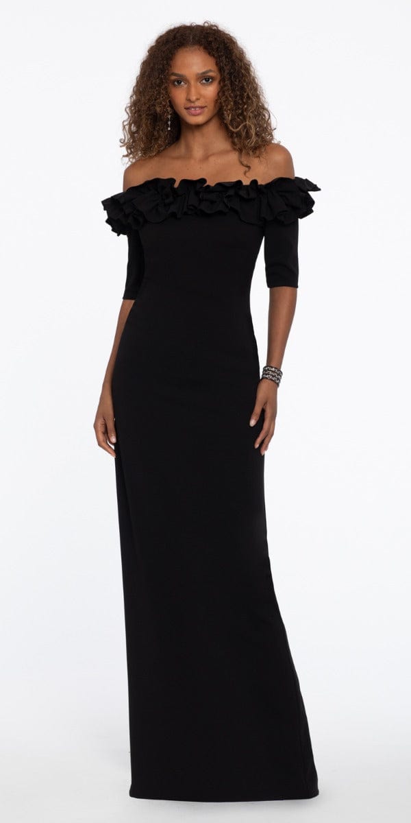 Camille La Vie Ruffle Crepe Off the Shoulder Dress with Back Slit missy / 16 / black