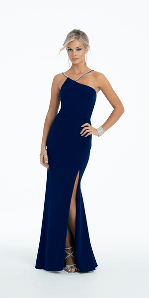 Asymmetrical One Shoulder Rhinestone Scuba Dress with Side Slit Image 1