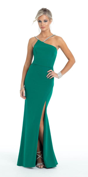 Asymmetrical One Shoulder Rhinestone Scuba Dress with Side Slit Image 3