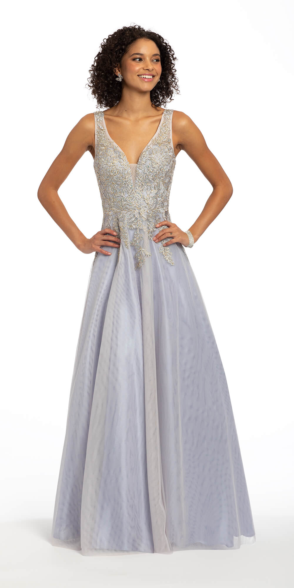 Camille La Vie Plunging Embroidered Sleeveless Two Tone Ballgown missy / 2 / silver