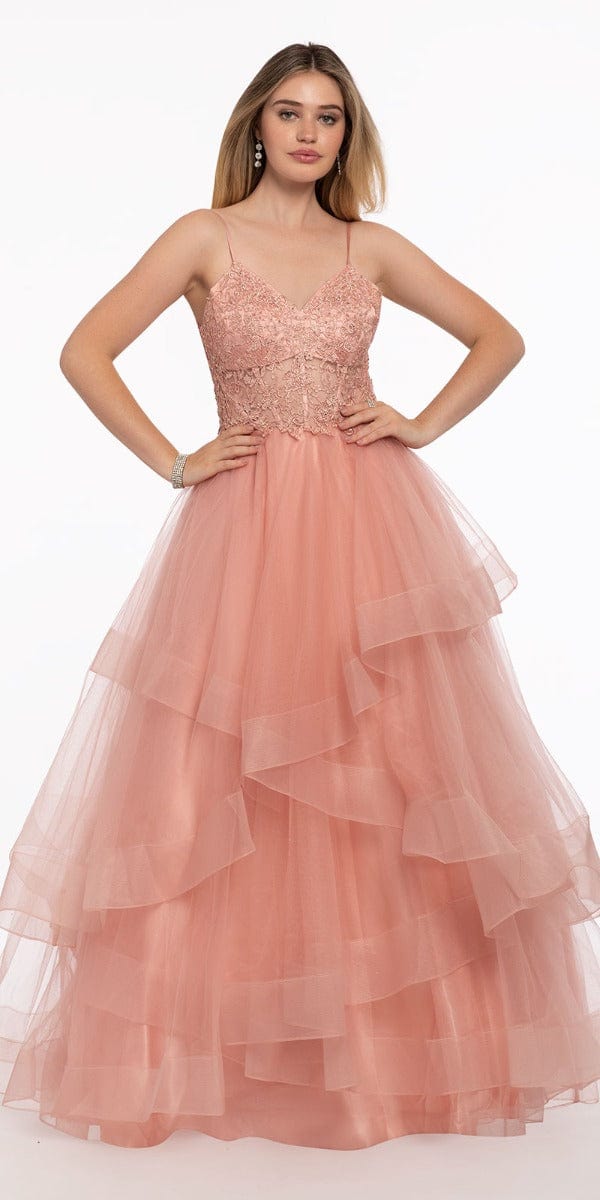 Camille La Vie Lace Appliqued Layered Tulle Horsehair Ballgown missy / 2 / rose