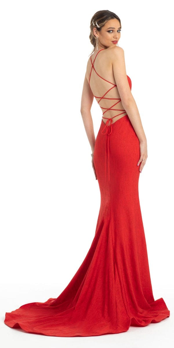 Glitter Halter Trumpet Dress with Sweep Train Image 3