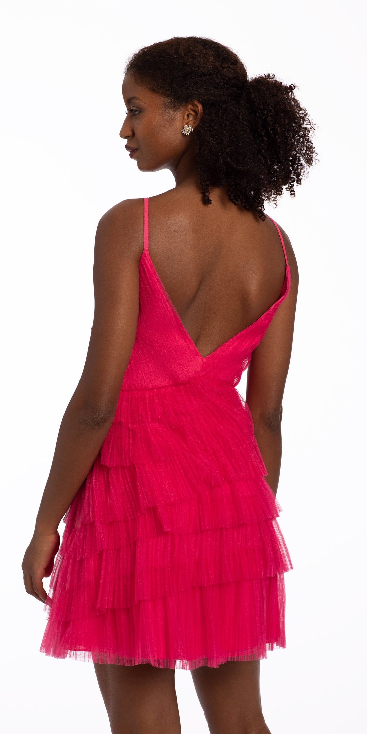 Camille La Vie Plunging Pleated Mesh Tiered Dress