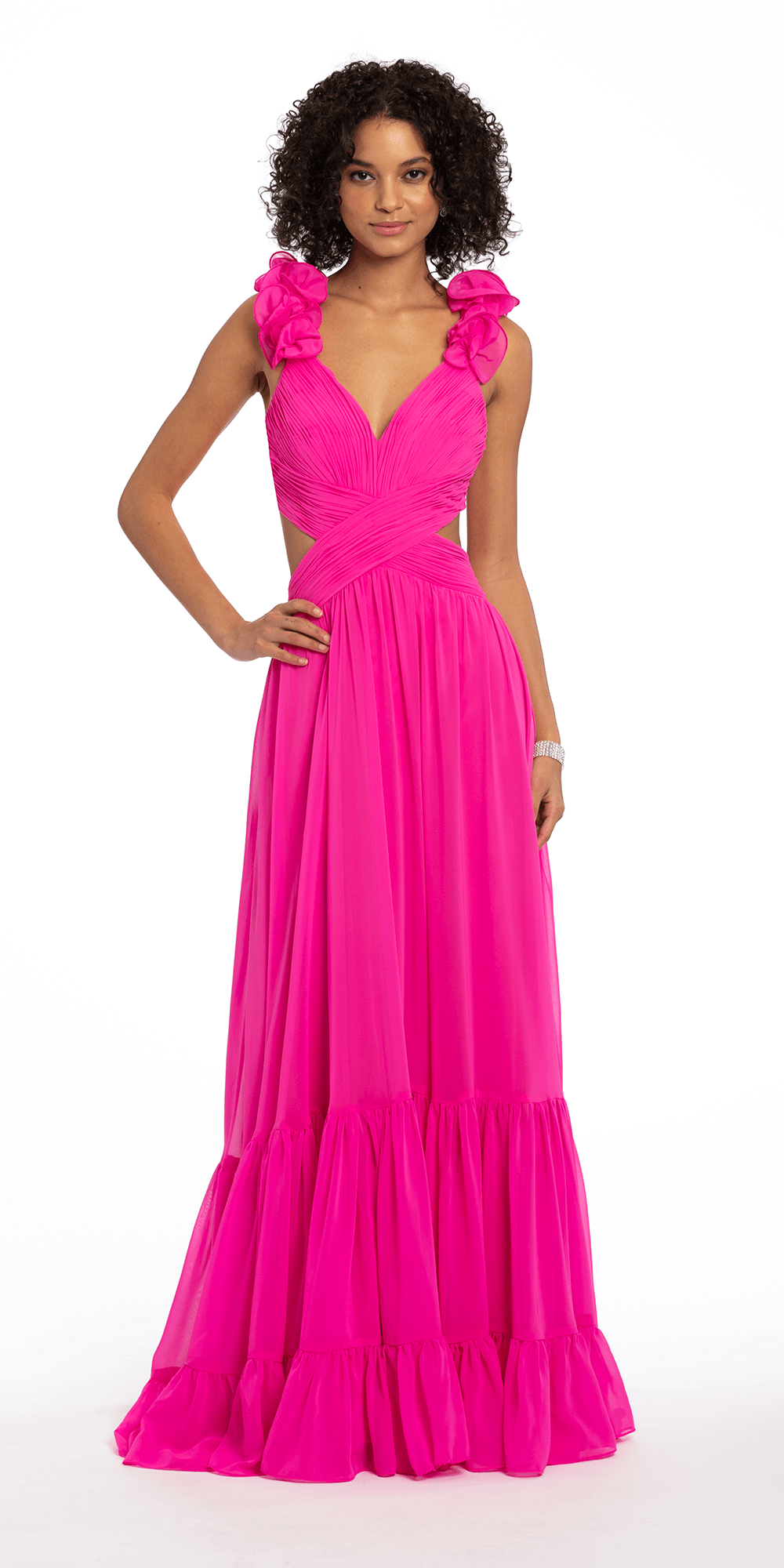 Camille La Vie Ruched Chiffon Front Dress with Shoulder Ruffles missy / 0 / bright-pink