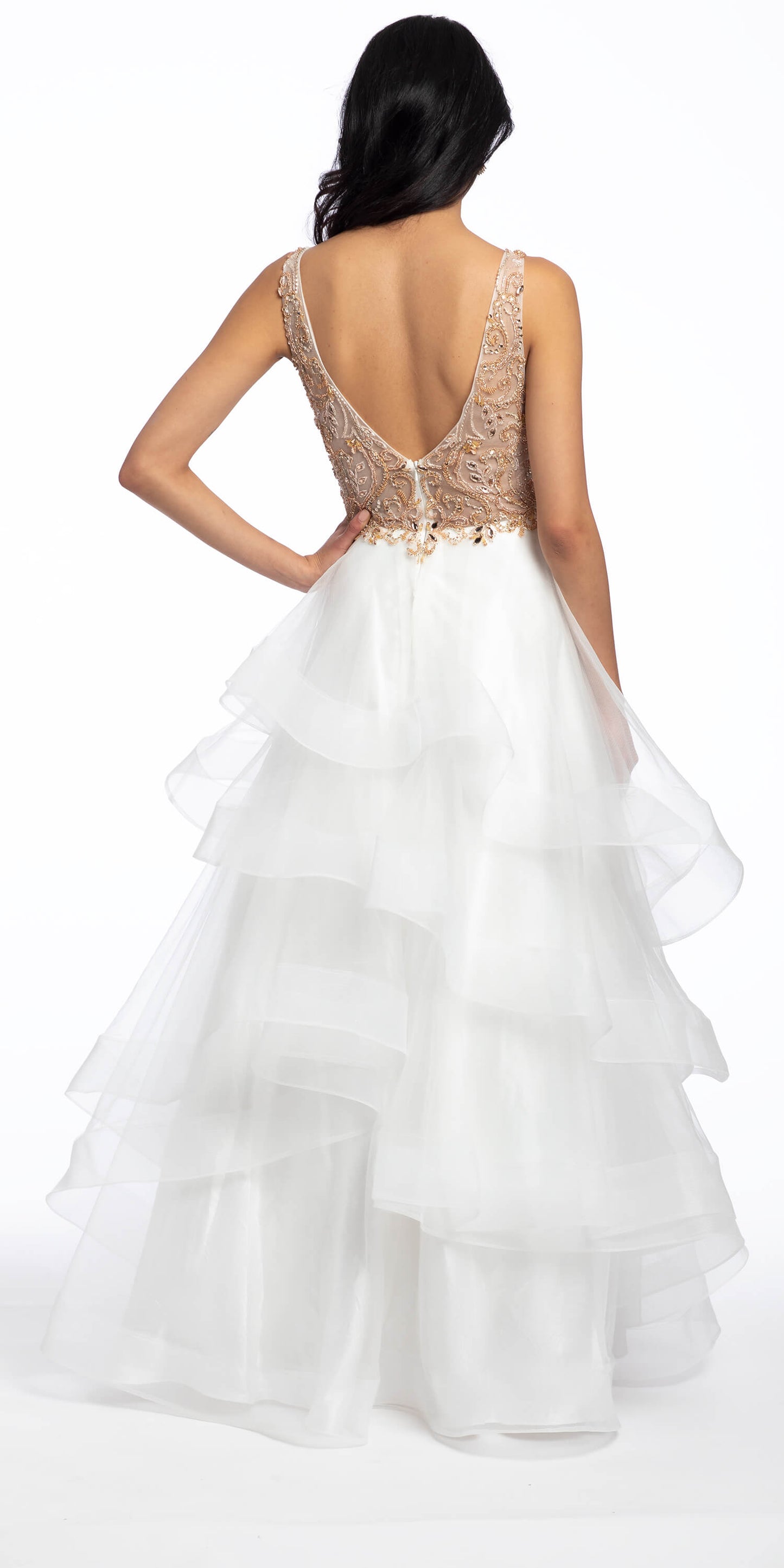 Camille La Vie Mesh Beaded Plunging Tiered Ballgown