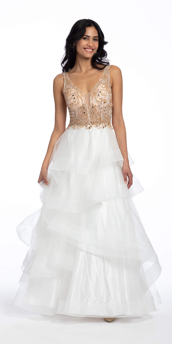 Mesh Beaded Plunging Tiered Ballgown Image 1