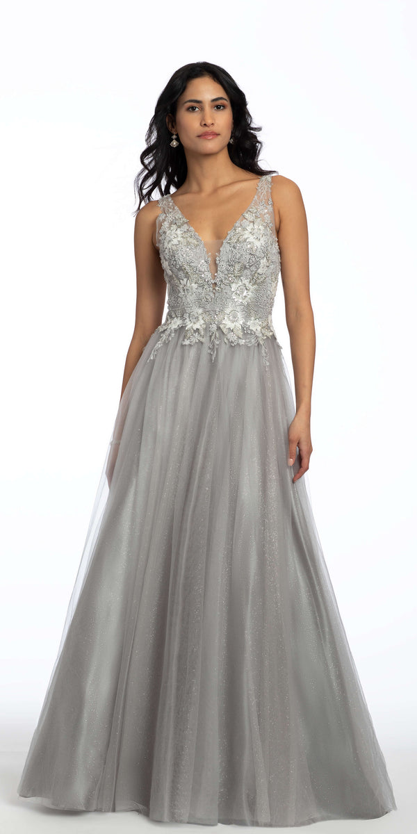 Plunging Beaded Embroidered Glitter Mesh Ballgown Image 1