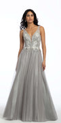 Plunging Beaded Embroidered Glitter Mesh Ballgown Image 1