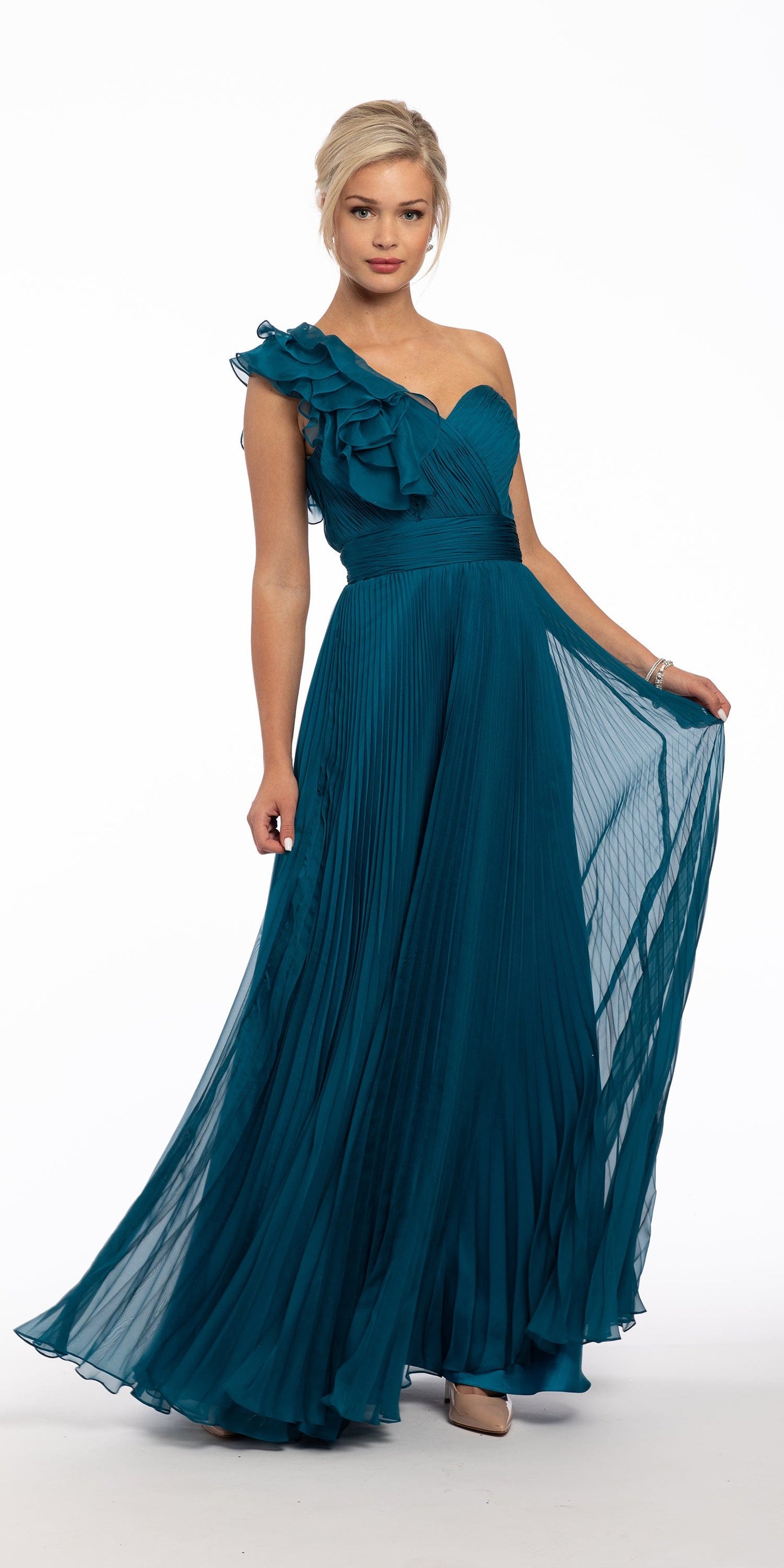 Camille La Vie Ruffle One Shoulder Pleated A Line Dress missy / 6 / teal
