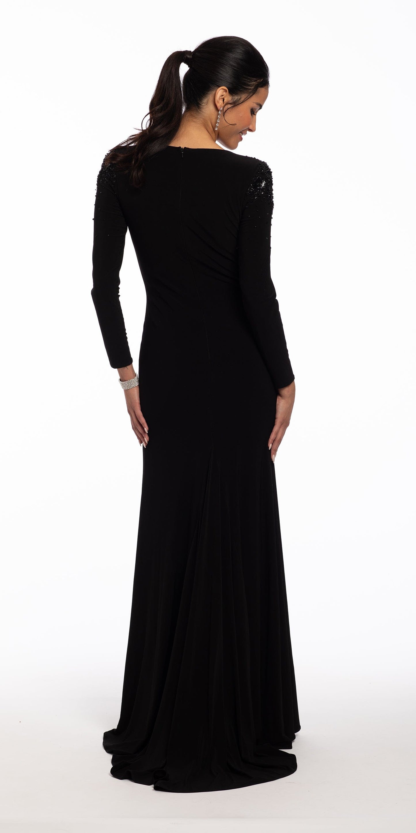 Camille La Vie Plunging  Long Sleeve Dress with Sweep Train