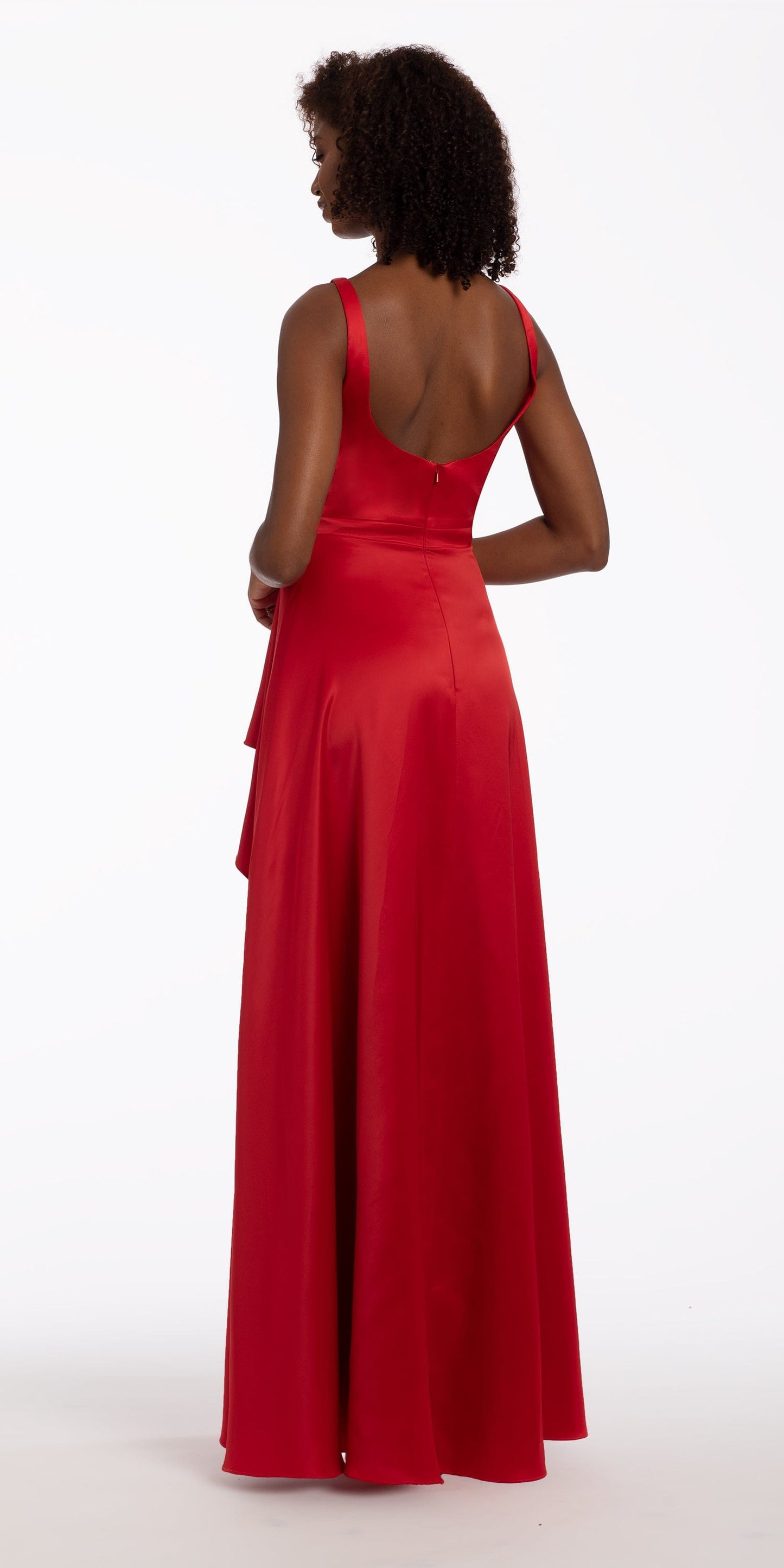 Camille La Vie Deep Scoop Satin  A line Dress  with Cascading Ruffle