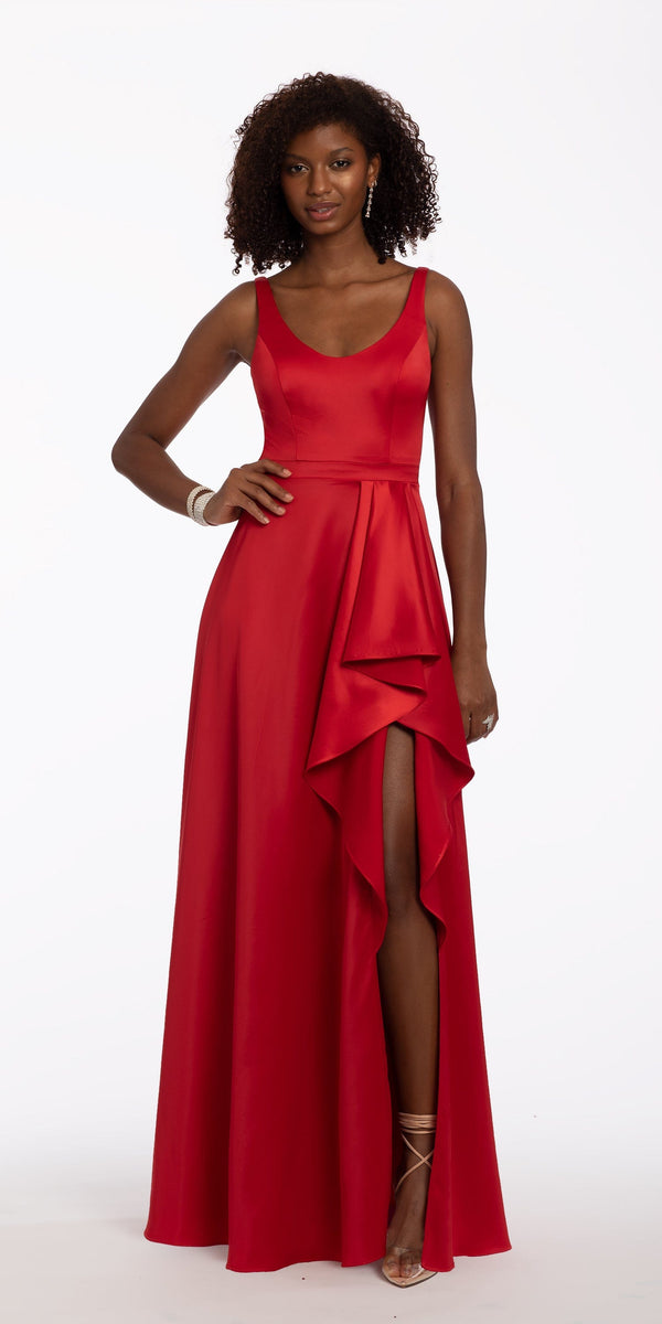 Deep Scoop Satin  A line Dress  with Cascading Ruffle Image 1
