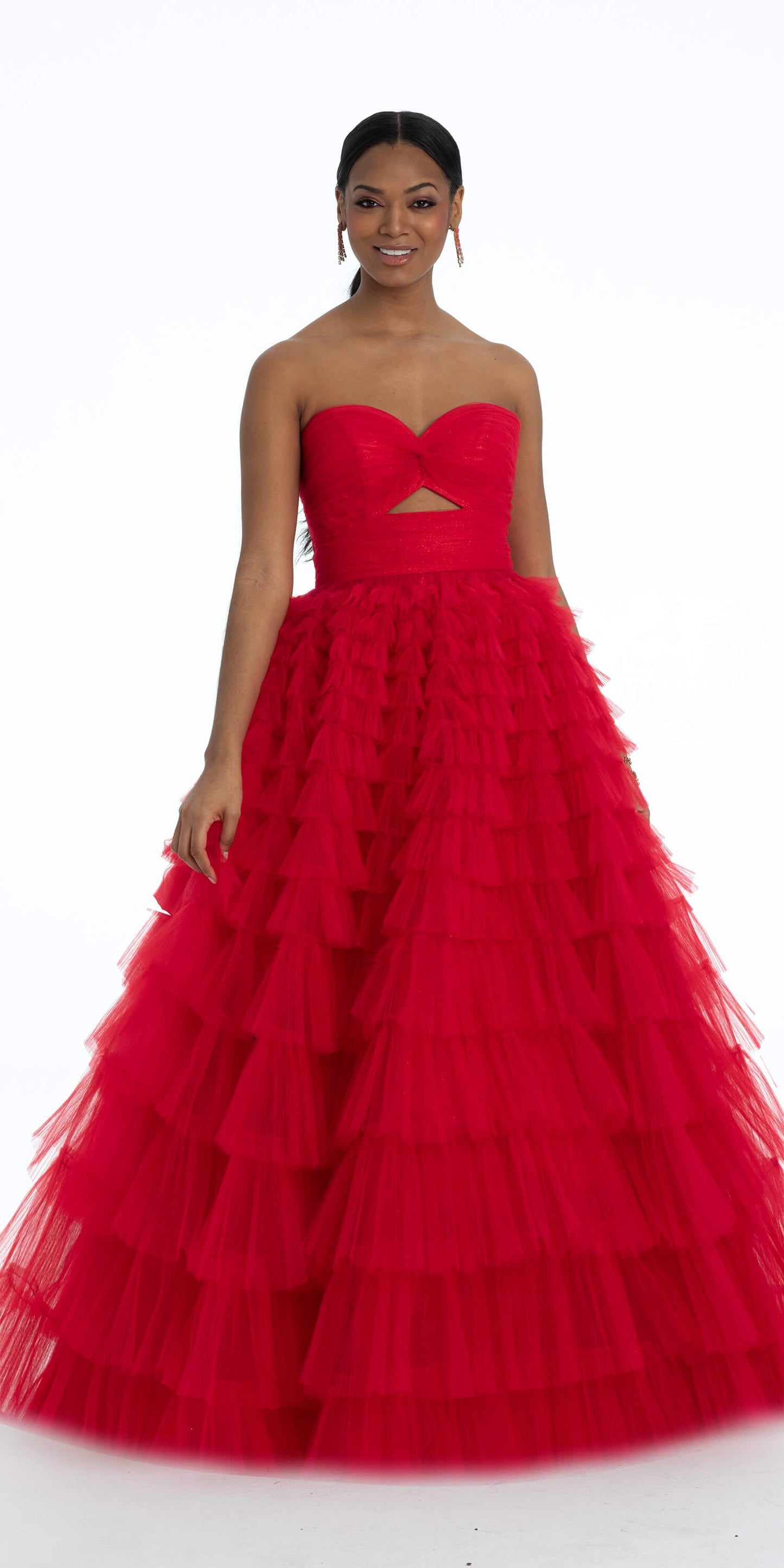Camille La Vie Pleated Tulle Ballgown with Peek-A-Boo Bodice missy / 0 / dark-red