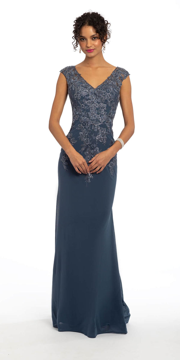 Embroidered V Back Mesh Trumpet Dress with Shawl Image 1