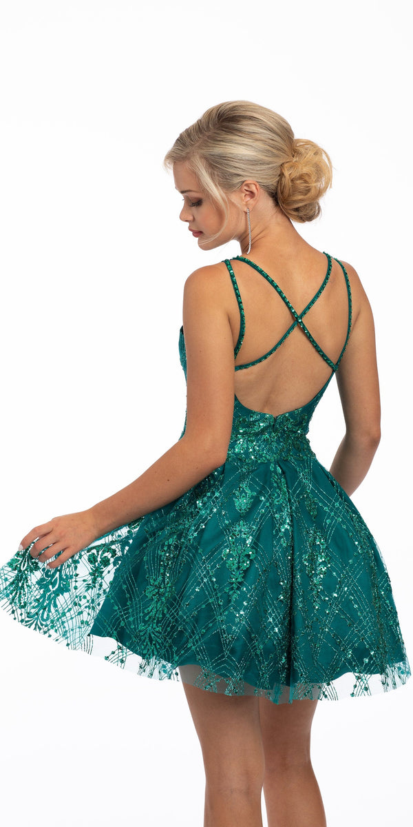 Sequin Glitter Criss Cross Fit and Flare Dress Image 3