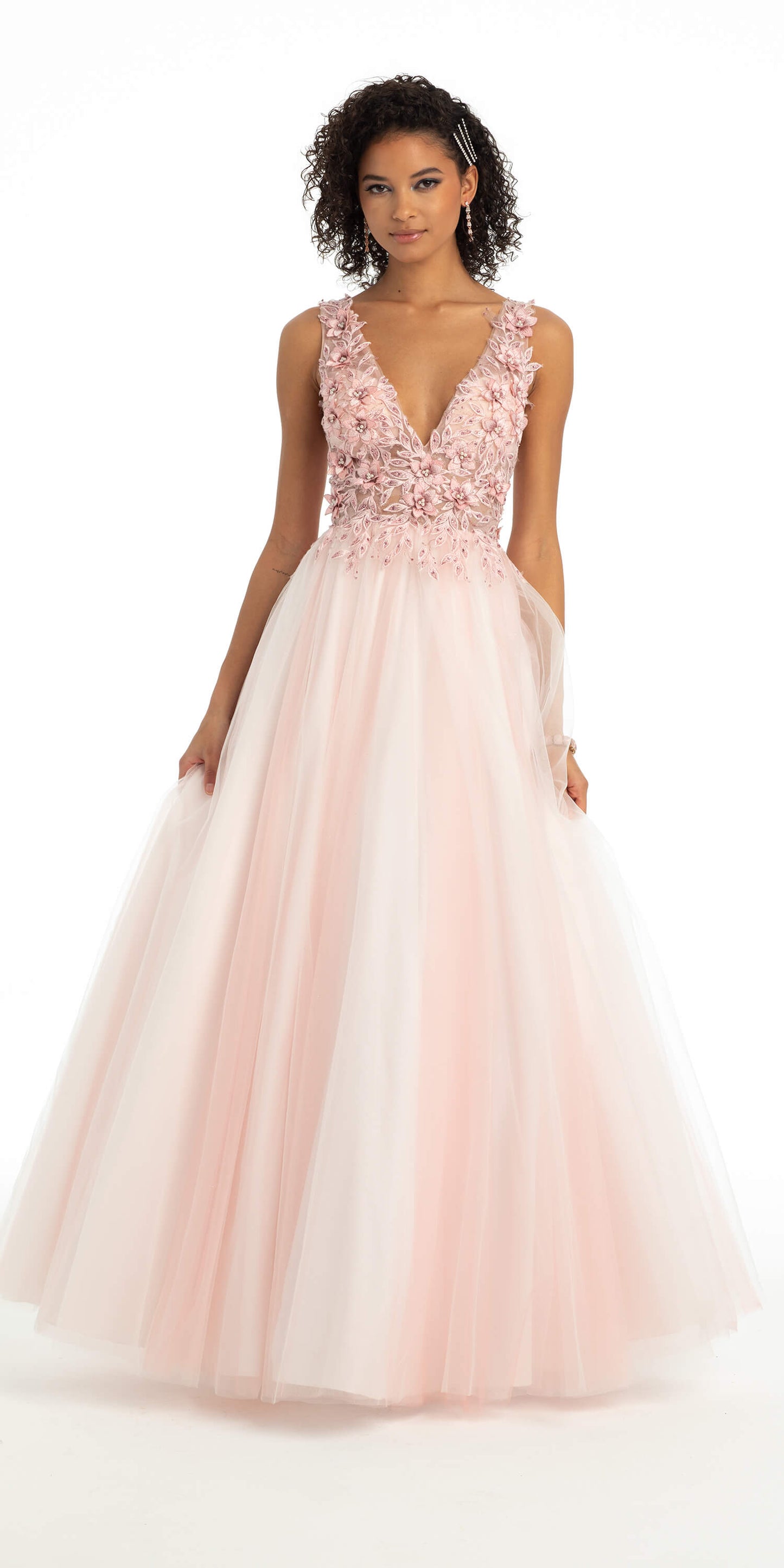 Camille La Vie Tulle Embellished V Neck Ballgown with 3D Flowers missy / 0 / ivory-pink