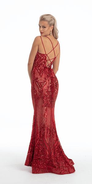 Sequin Embroidered Lace Up Back Mermaid Dress Image 4