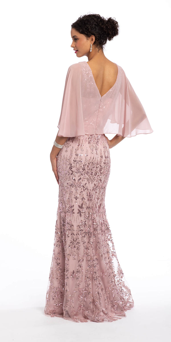 Illusion Sequin Embroidered V Neck Dress Chiffon Flutter Sleeves Image 2