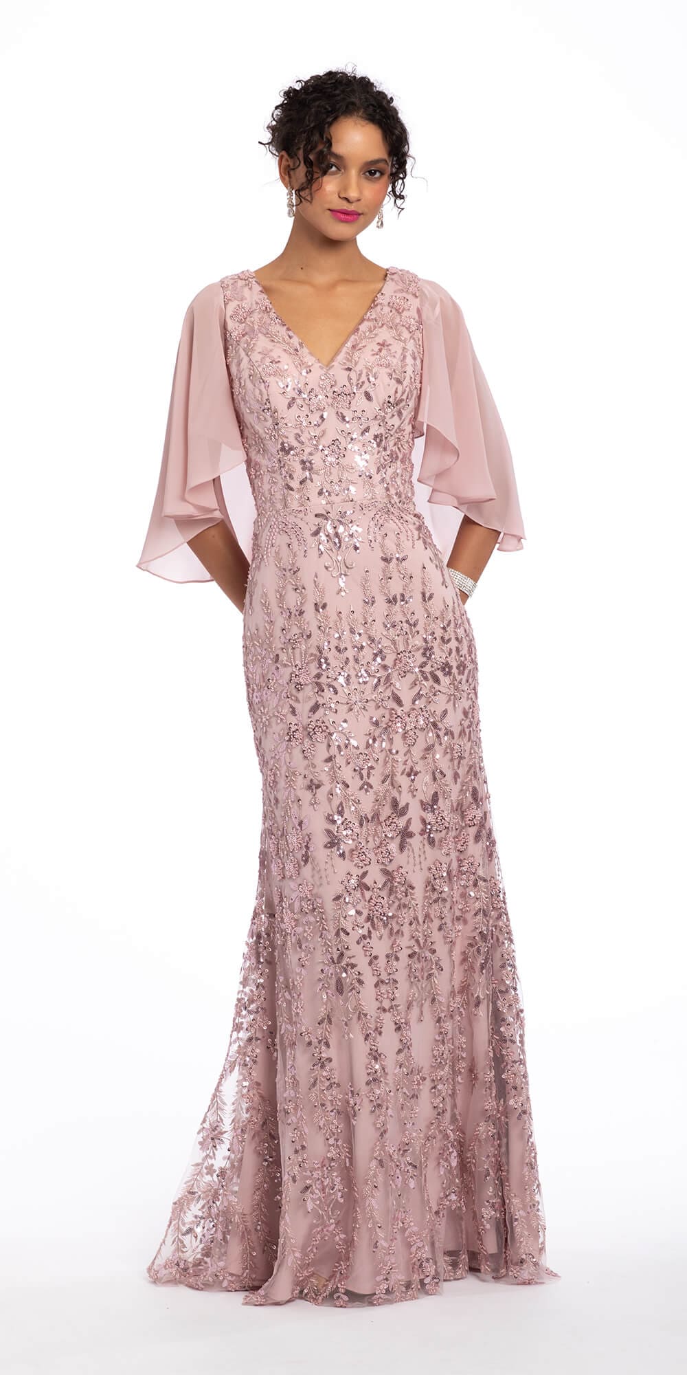 Camille La Vie Illusion Sequin Embroidered V Neck Dress Chiffon Flutter Sleeves missy / 8 / rose