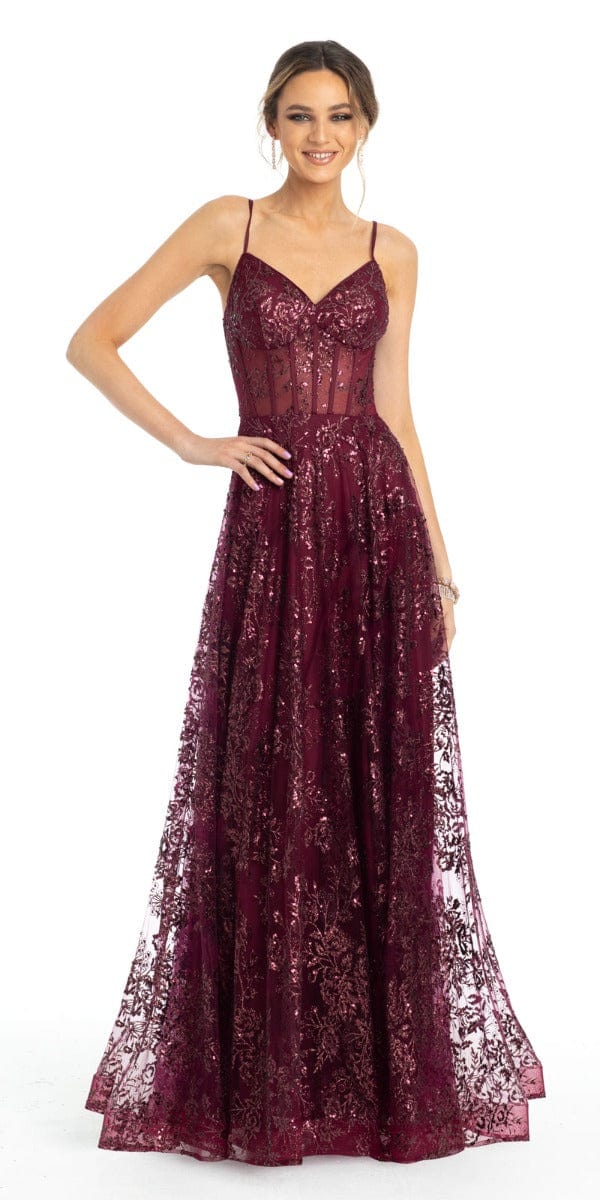 Camille La Vie Sequin Glitter Corset Ballgown missy / 4 / wine