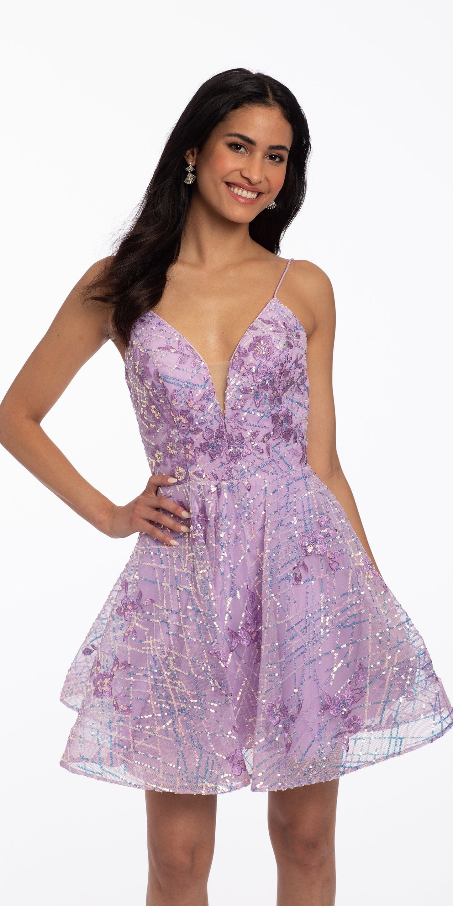 Camille La Vie Embroidered Floral Sequin Mesh Fit and Flare Dress missy / 6 / lilac