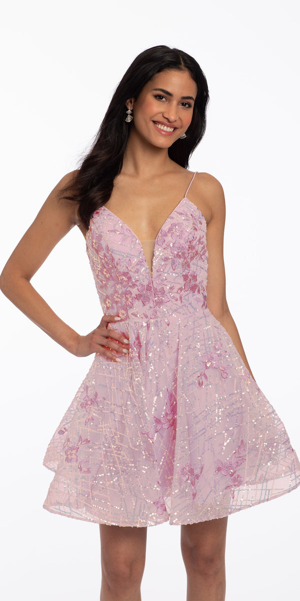 Embroidered Floral Sequin Mesh Fit and Flare Dress Image 2