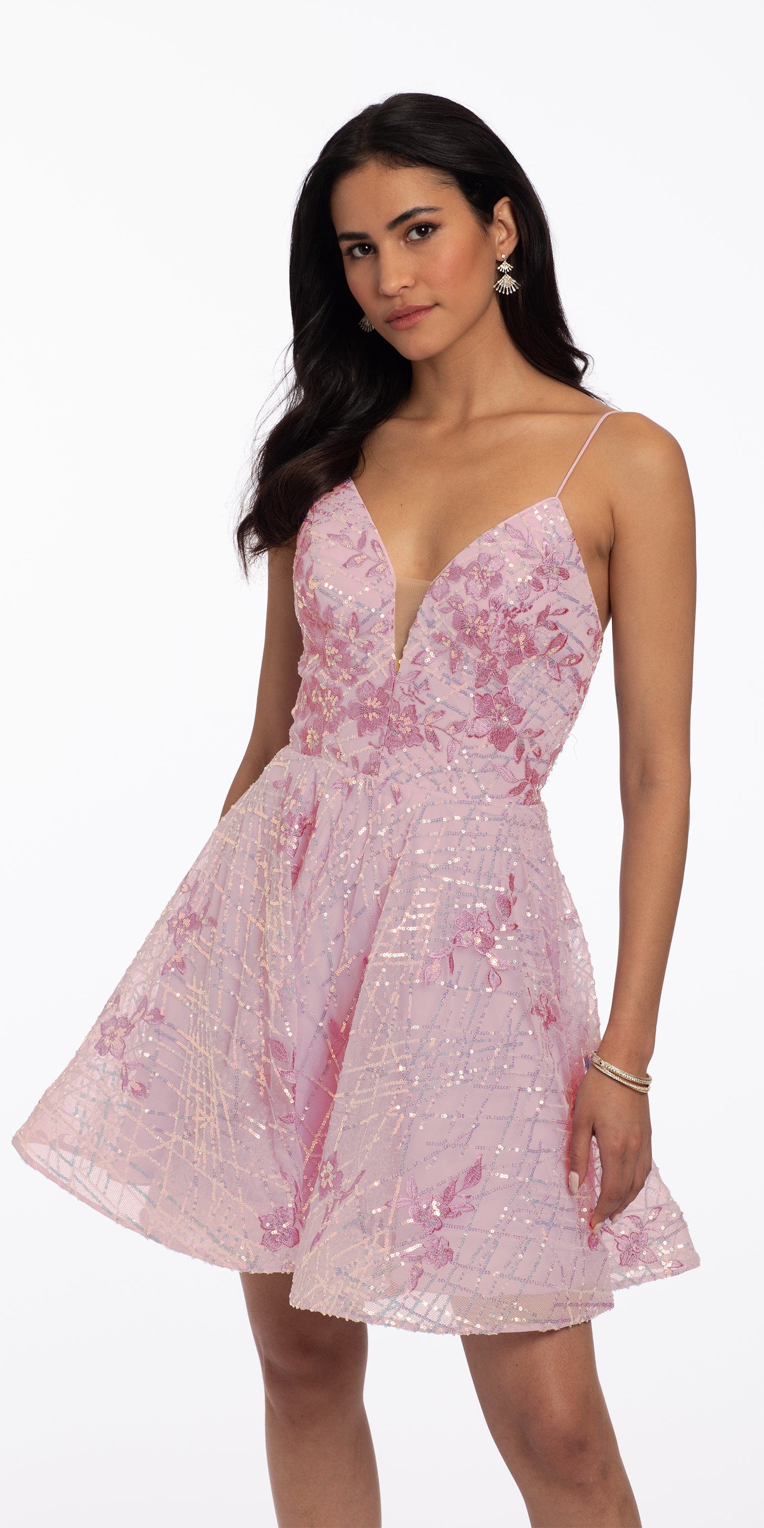 Embroidered Floral Sequin Mesh Fit and Flare Dress