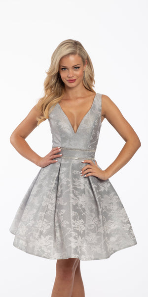 Plunging Metallic Glitter Lace Fit and Flare Dress with Pockets Image 1