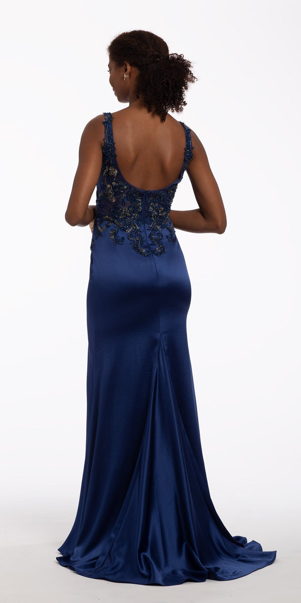 Beaded Embroidered Plunging Sateen Dress with Train Image 2
