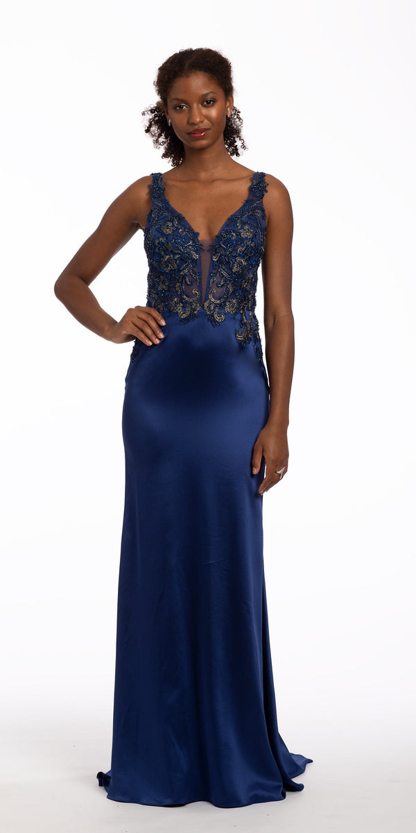 Beaded Embroidered Plunging Sateen Dress with Train Image 1