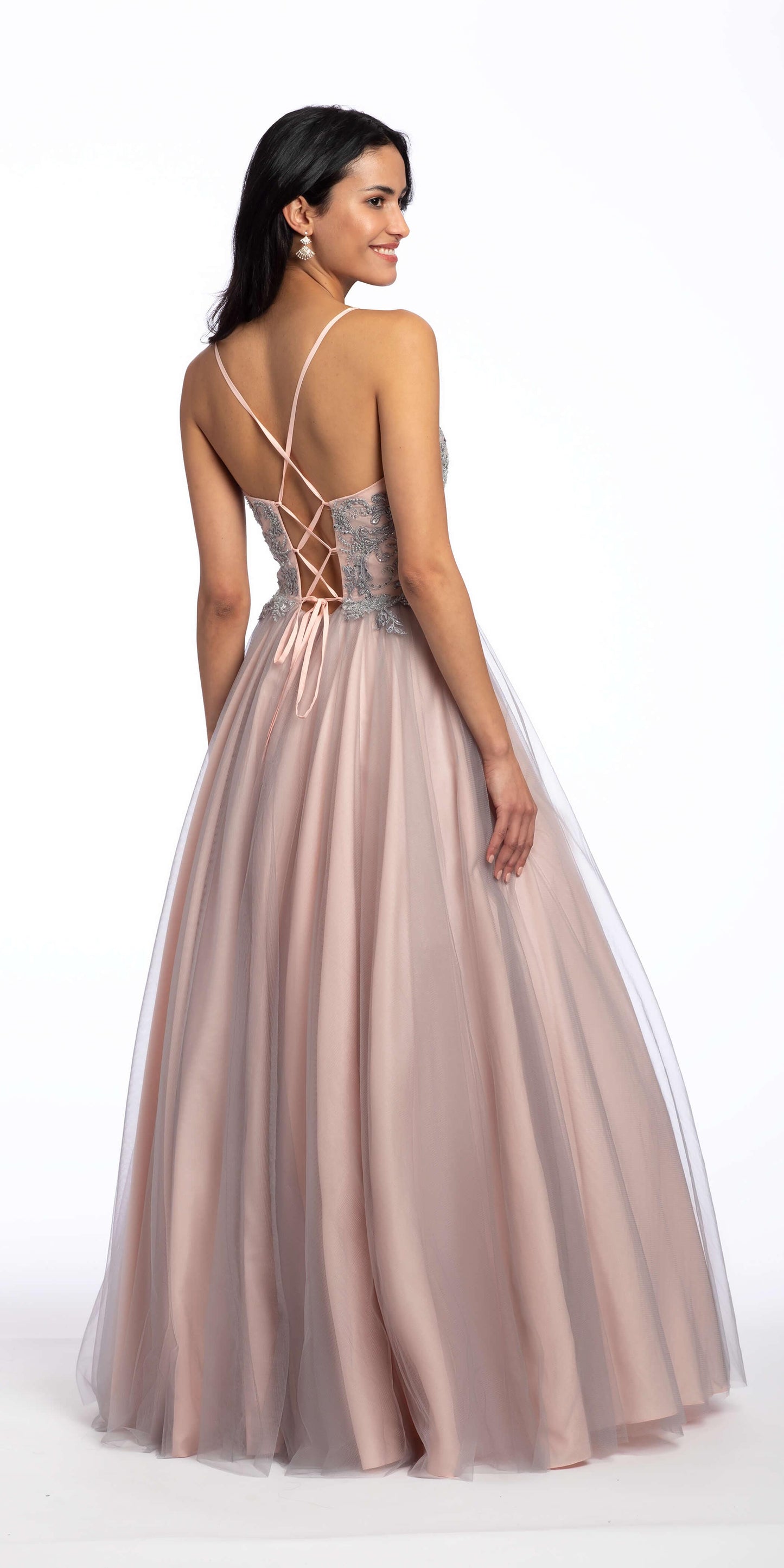 Camille La Vie Two Tone Embellished Lace Up Back Mesh Ballgown