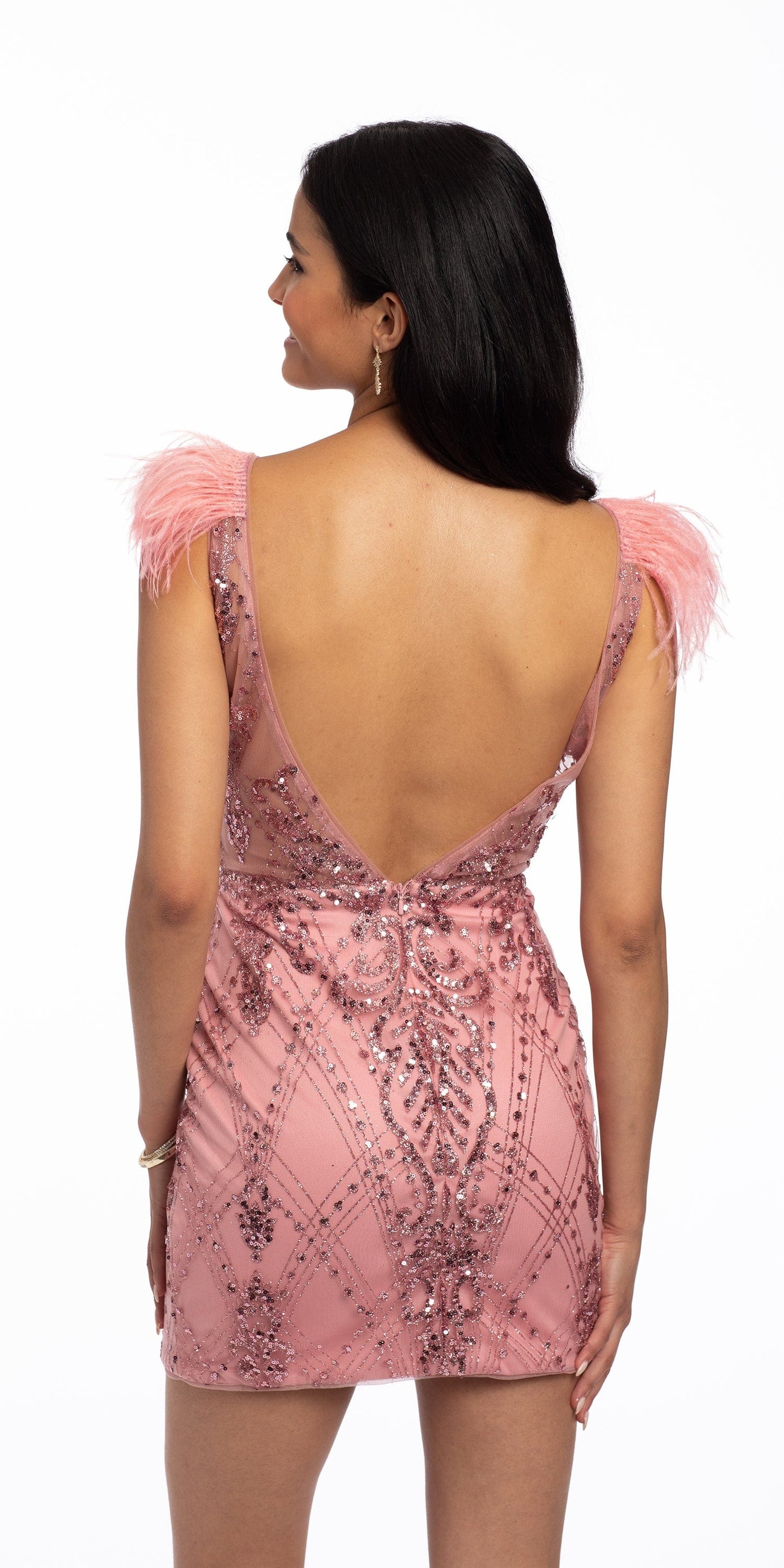 Camille La Vie Plunging Glitter Mesh Feather Cap Sleeve Dress