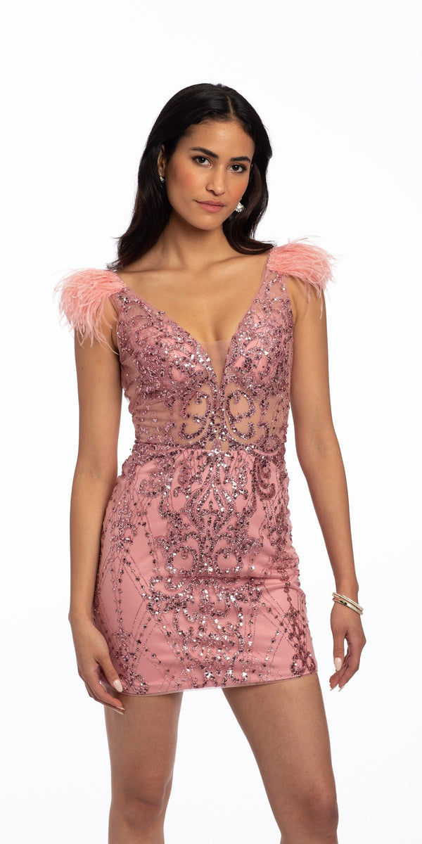 Plunging Glitter Mesh Feather Cap Sleeve Dress Image 2
