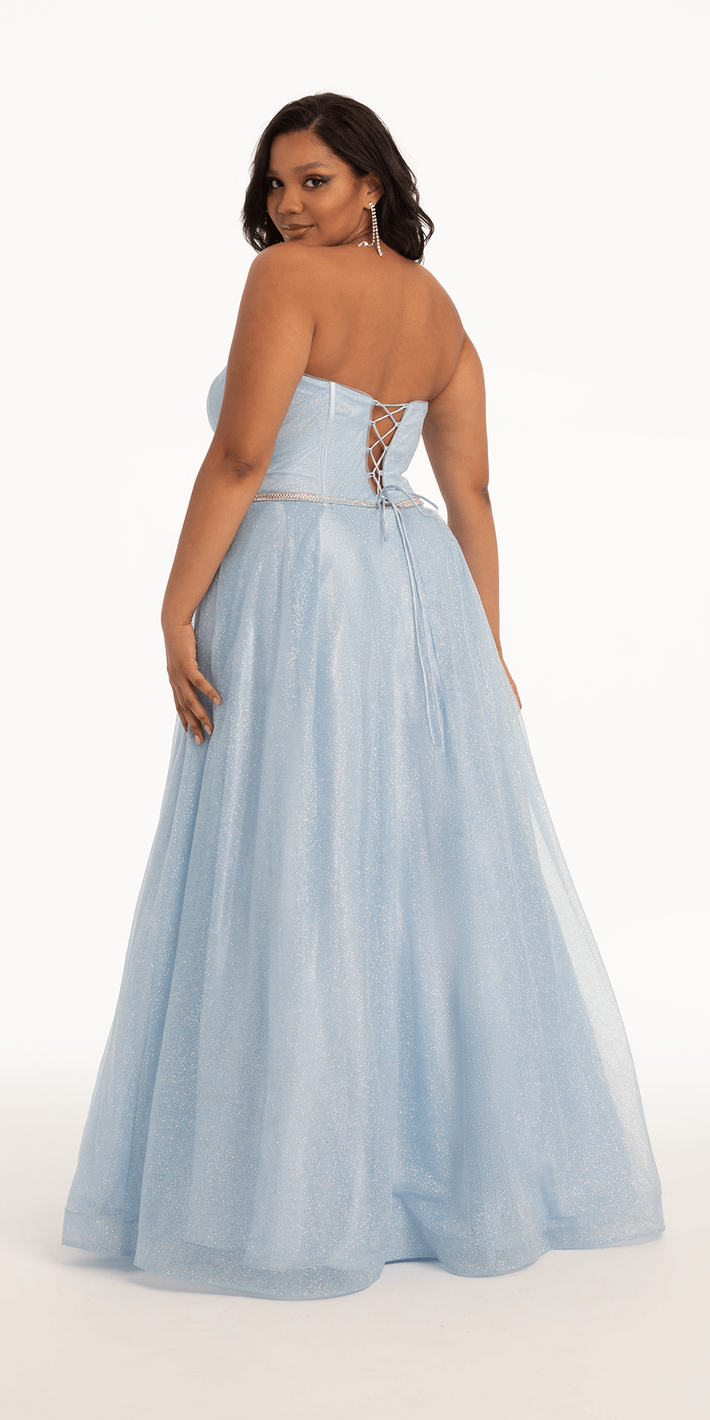 light-blue Size 14 plus Camille La Vie Glitter Corset Ballgown with Crystal Waistband