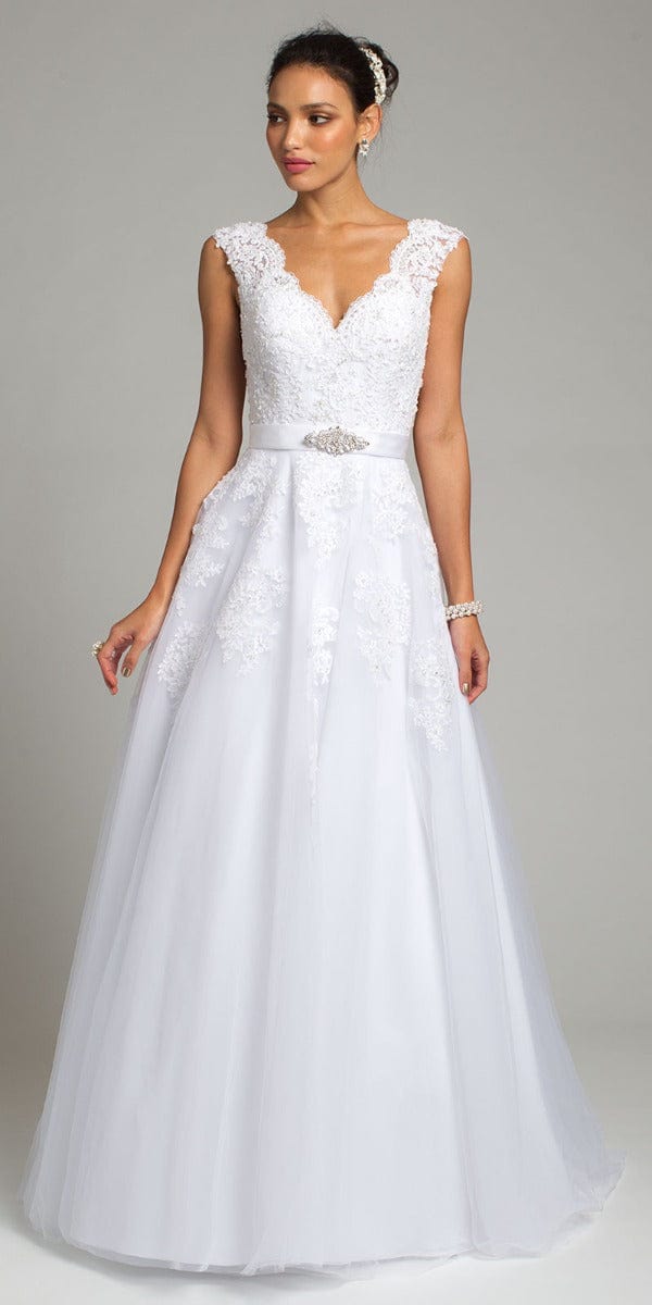 Camille La Vie Scallop Sweetheart Cap Sleeve Beaded Organza Wedding Dress missy / 12 / white