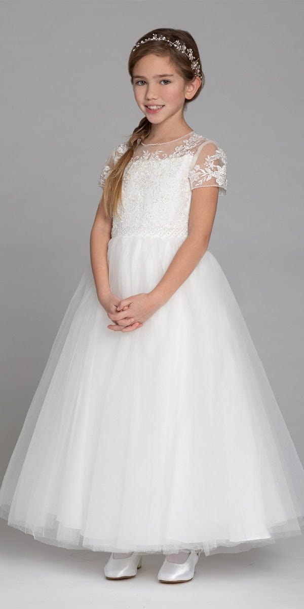 Short Sleeve Lace Applique Tulle A-Line Dress Image 3