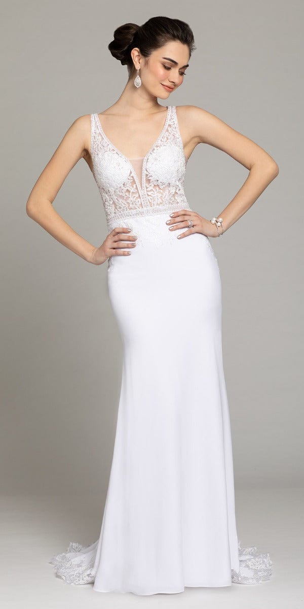 Camille La Vie Crepe V-Neck Beaded Lace Gown missy / 12 / white