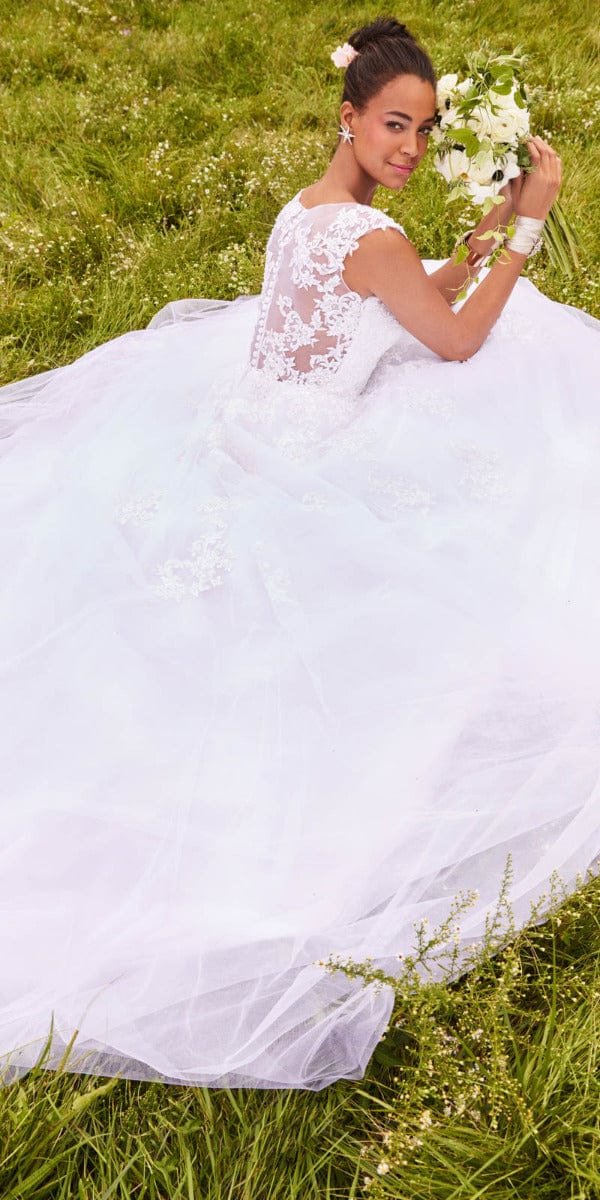 Cap Sleeve Beaded Lace Ball Gown with Illusion Neck Image 2