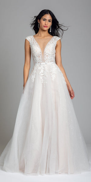 Illusion Cap Sleeve Plunging Glitter Ballgown Image 1