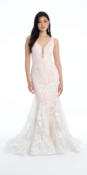 Plunging Glitter Basketweave Mermaid Dress Image 1