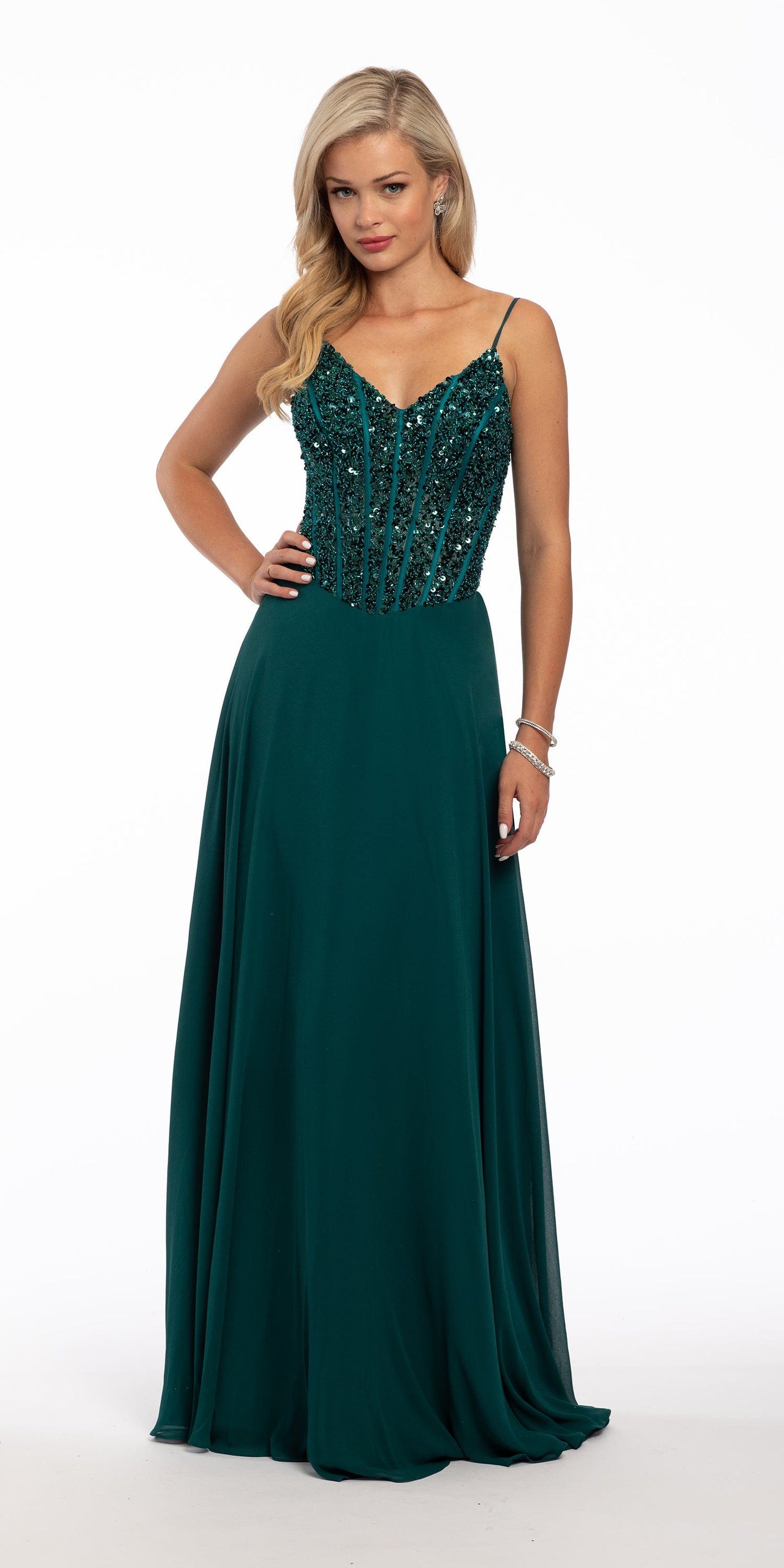 Camille La Vie Sequin Corset V Back Chiffon A Line Dress missy / 6 / emerald