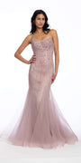 Rain Drop Beaded Lace Up Trumpet Dress with Mesh Godets Image 1