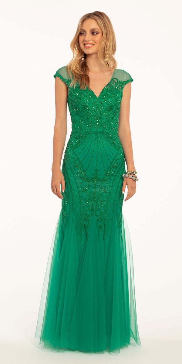Camille La Vie Embroidered V-Neck Godet Cap Sleeves Dress missy / 0 / emerald