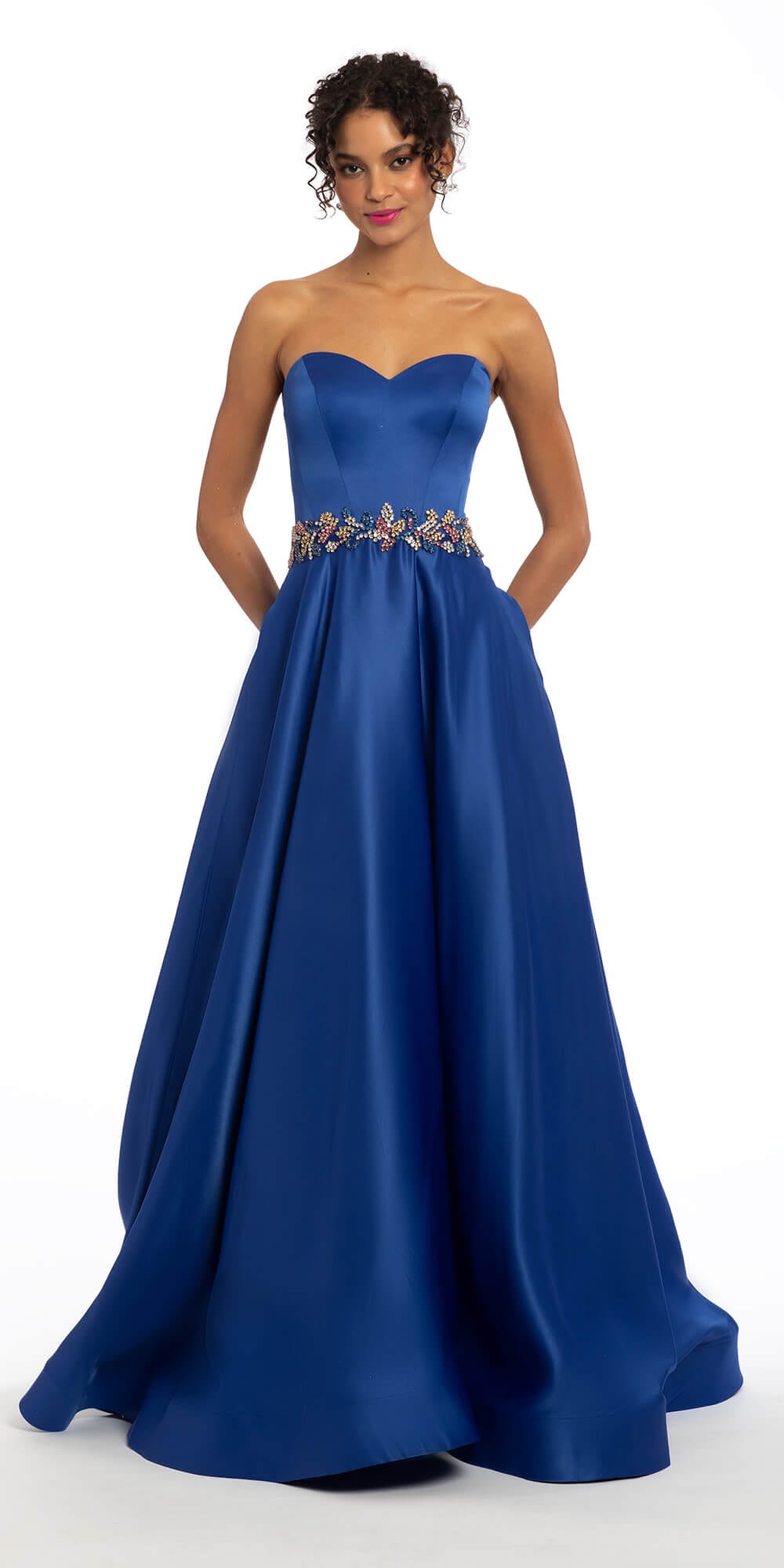 Camille La Vie Sweetheart Satin A Line Dress with Beaded Waistband missy / 0 / dark-blue
