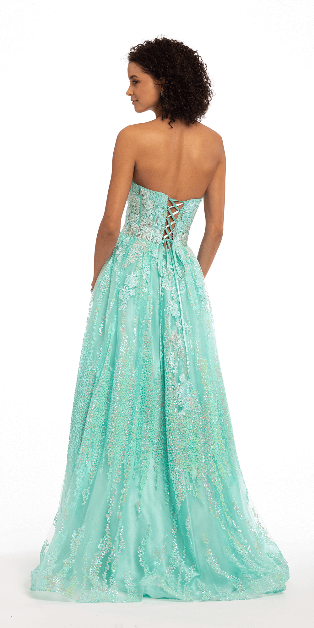 Camille La Vie Iridescent Sequin Corset Ballgown with Lace Up Back