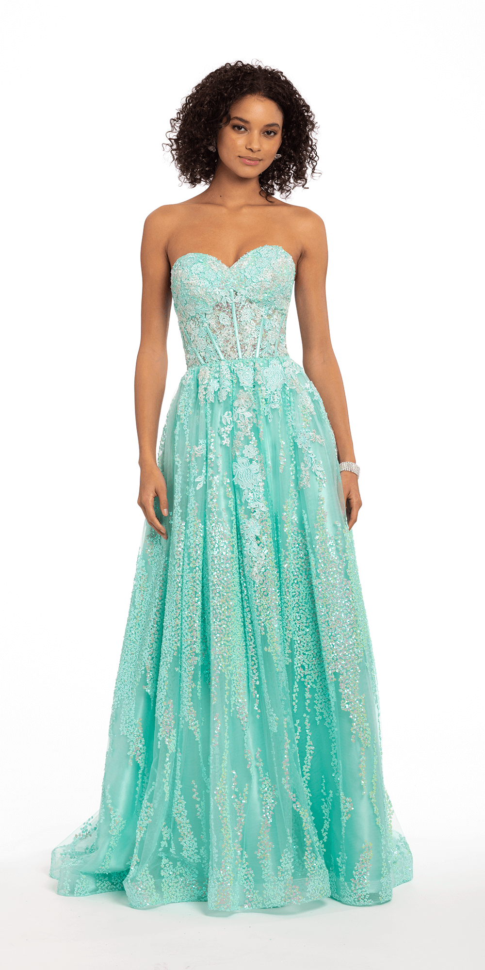 Sequin Halter Open Back Gown With Feathers in Seafoam Blue and Green