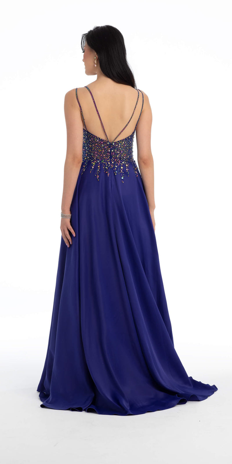 Chunky Gem Double Strap Satin A line Dress with Sweep Train Image 3