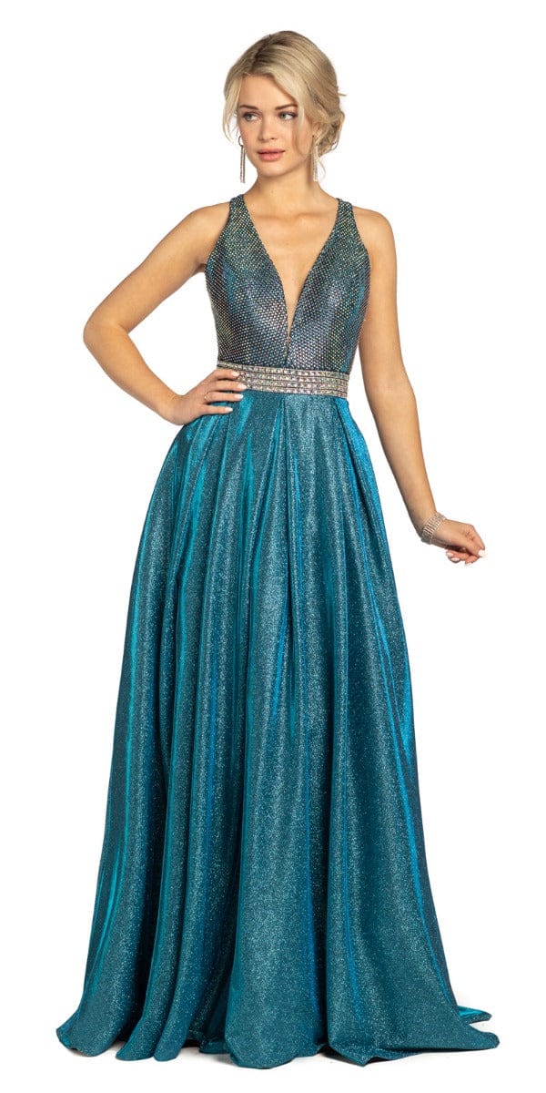 Camille La Vie Shimmer Rhinestone Strappy Back Ballgown missy / 4 / peacock